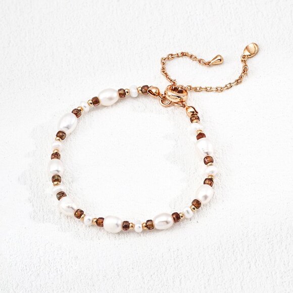 ✨ Artisan Original Design Freshwater Pearl & Amber Glass Beaded Bracelet | S925 - Picture 1 of 9